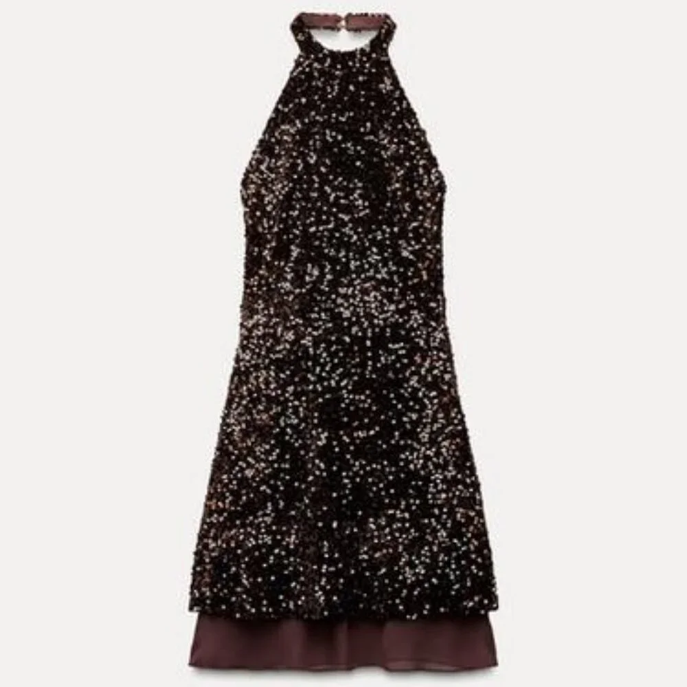 NWT ZARA SEQUIN MINI DRESS OPEN BACK BROWN FESTIVE COLLECTION - Picture 3 of 9